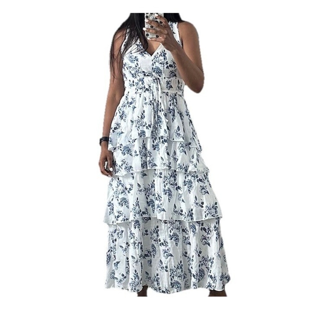 Women's White And Blue‎ Floral Dress size small Sleeveless